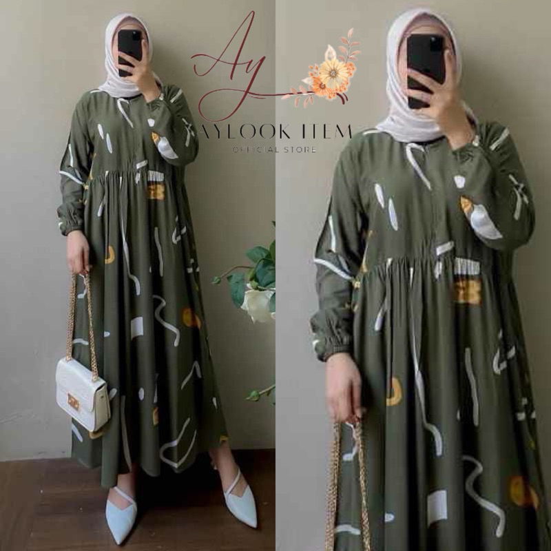 MIDI DRESS WANITA RAYON  / GAMIS RAYON ADEM BUMIL BUSUI FRIENDLY JUMBO-Trisha Hijau