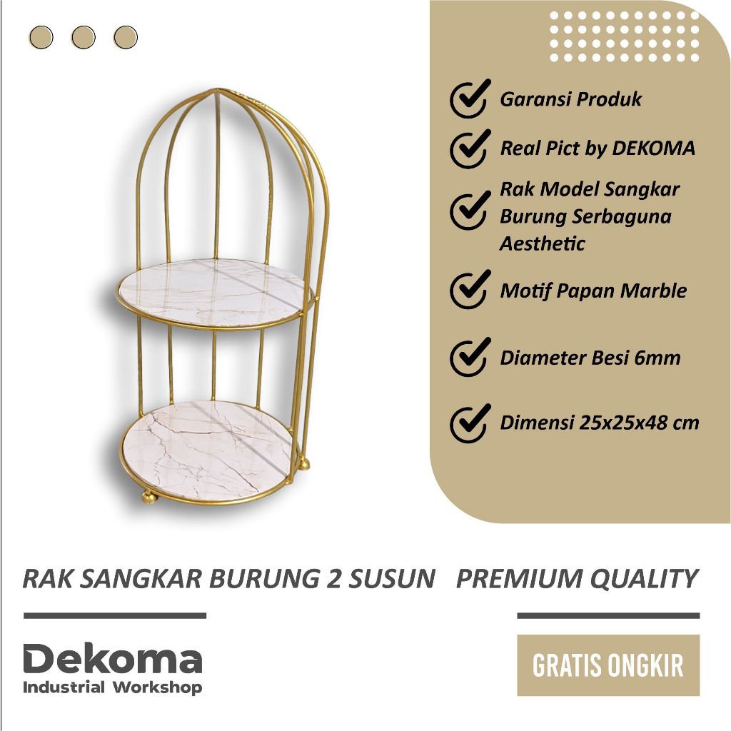 Rak Besi Serbaguna Model Sangkar Burung 2 Susun Minimalis Aesthetic Dekorasi Rumah Warna Gold Pajang
