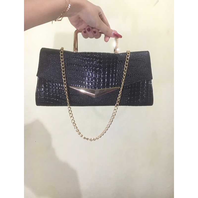 preloved tas/bag croco glossy black chain pesta slempang shoulder