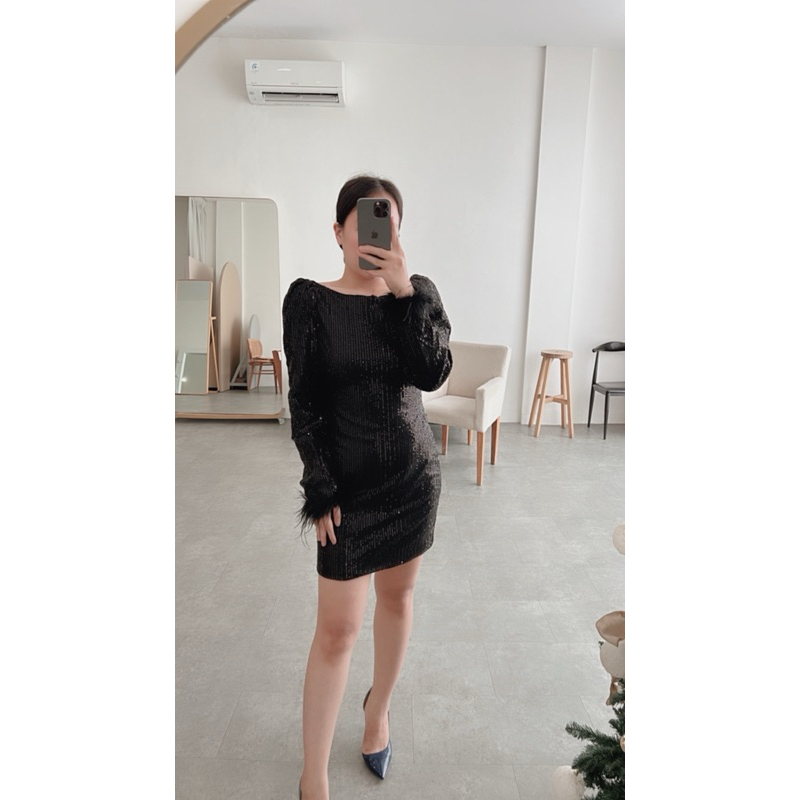 SEQUIN FUR BACKLESS MINI DRESS