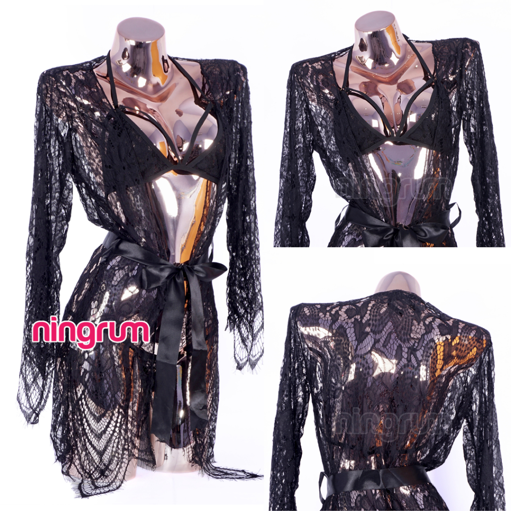 Ningrum - Kimono Lingerie Set Include Bra dan CD Renda Transparan Black Series