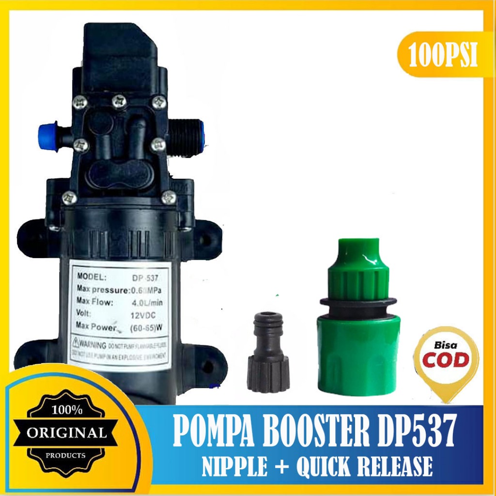 PAKET POMPA AIR DC 12V DP-537 + NIPPLE + KONEKTOR SELANG 5/16