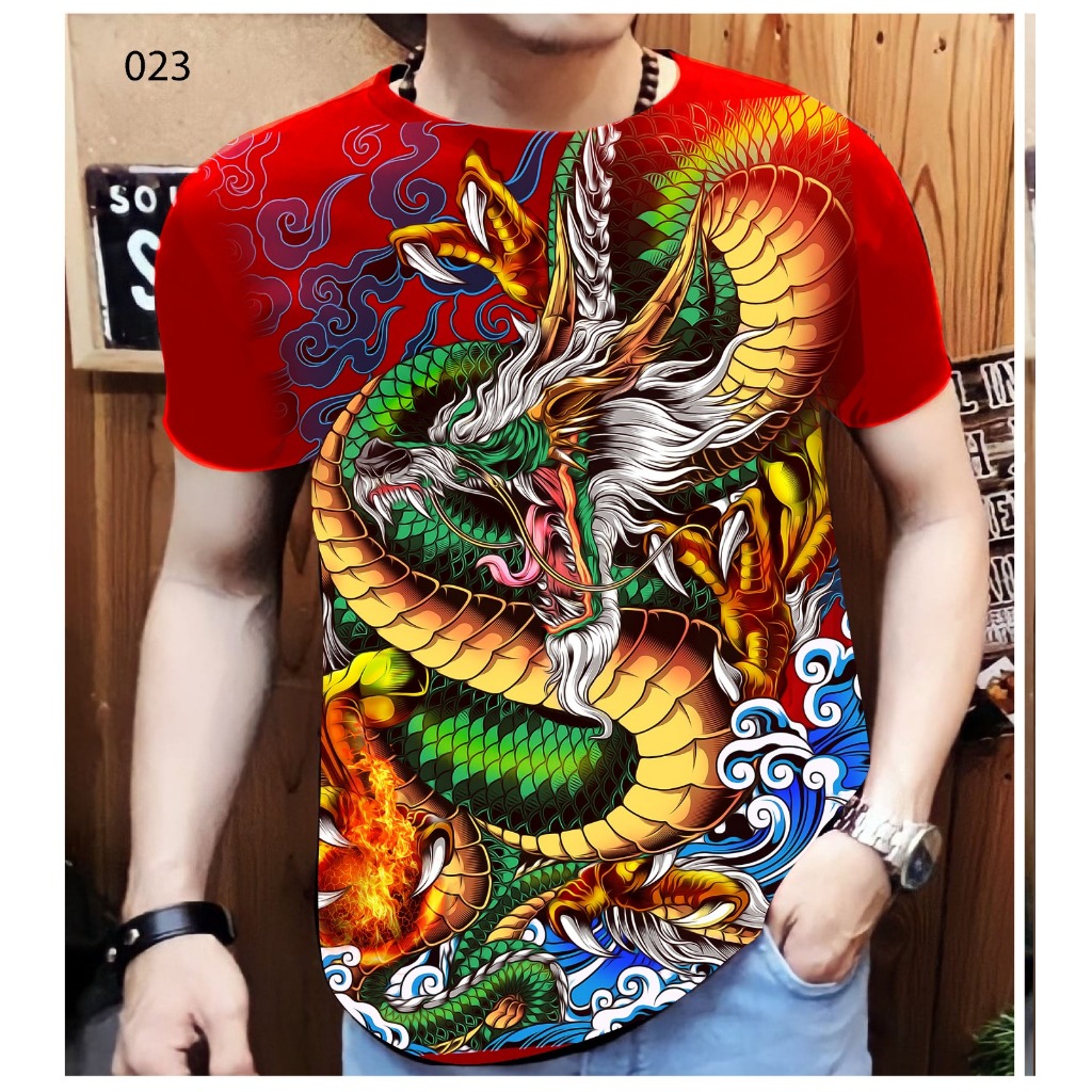 Kaos distro pria warna Merah Navy Hitam Gambar Naga Fullprint