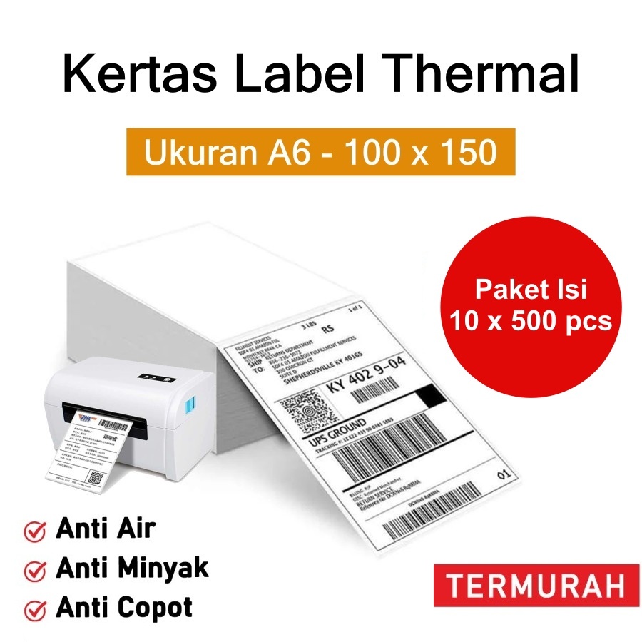

aiGooTan - LABEL THERMAL 100x150 (10 x 500 pcs) - Kertas Stiker Barcode A6 100 x 150 Resi Lipat Sticker Olshop Pengiriman Murah Medan