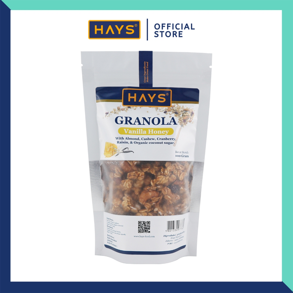 

HAYS Granola Vanilla Honey 100 Gram / Granola Vanilla Madu Dengan Almond Mete Cranberry Raisin Organic Coconut Sugar