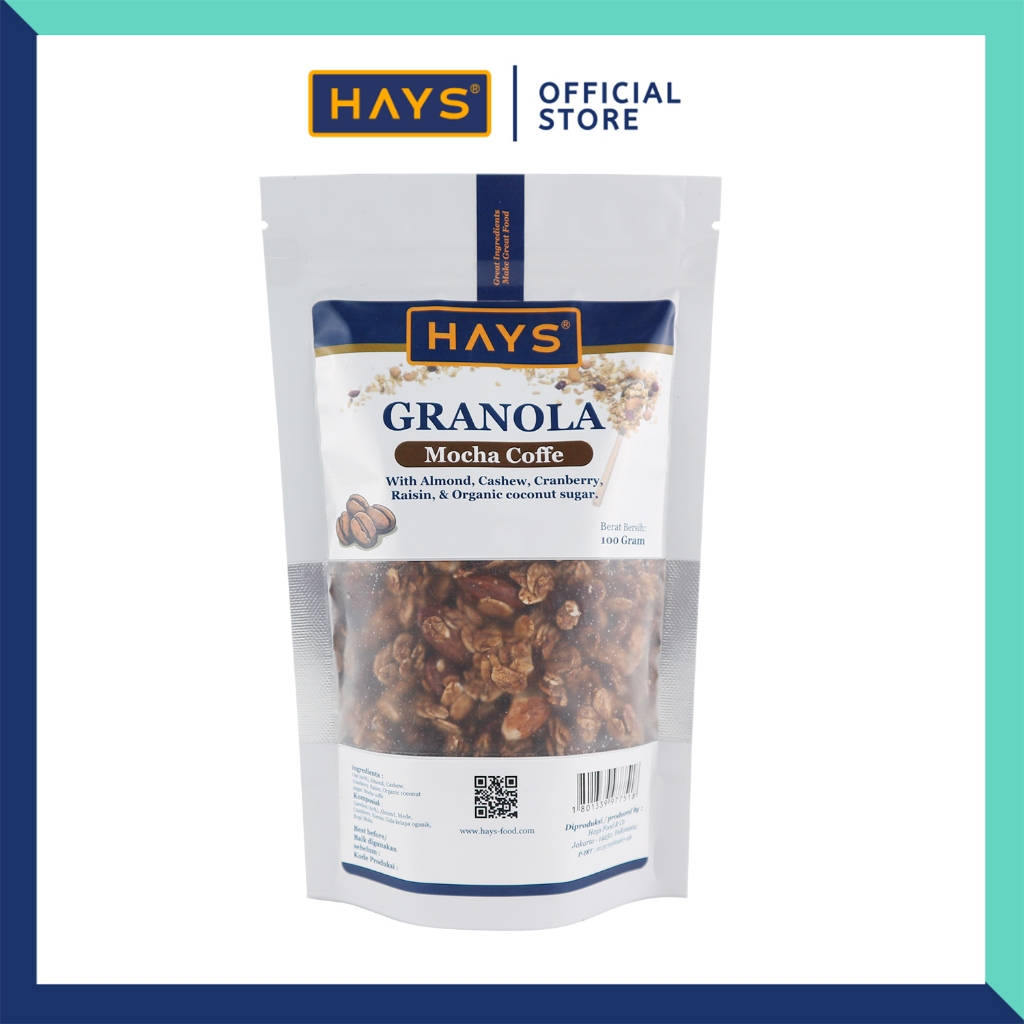 

HAYS Granola Mocha Coffee 100 Gram / Sereal oatmeal Kopi Moka dengan Almond Mete Cranberry Raisin Organic Coconut Sugar