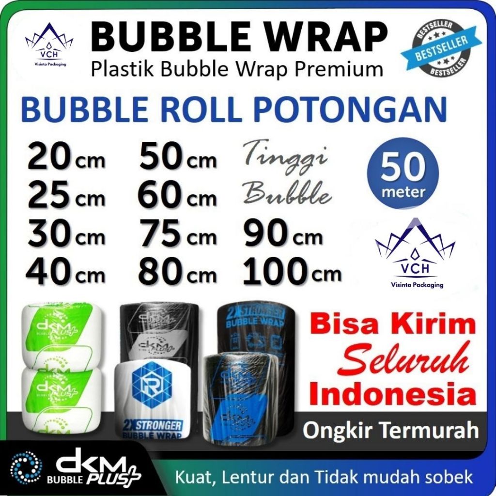 

Plastik Bubble Buble Wrap Potongan 20cm 25cm 30cm 40cm 50cm 60cm 75cm 80cm 90cm 100cm x Panjang 50meter Warna Putih Bening / Hitam