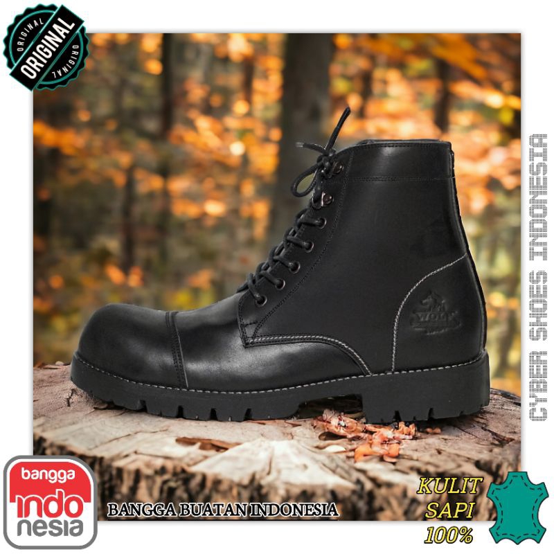 Rhino - Sepatu Boots Pria Full Black Boot Safety Shoes Kulit Asli
