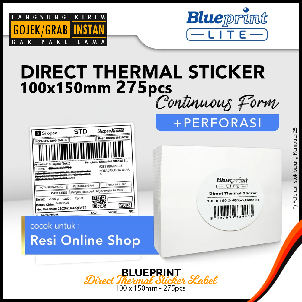

Blueprint Direct Thermal Sticker Label Resi 100x150mm 450pcs - Fanfold Stiker Barcode Alamat