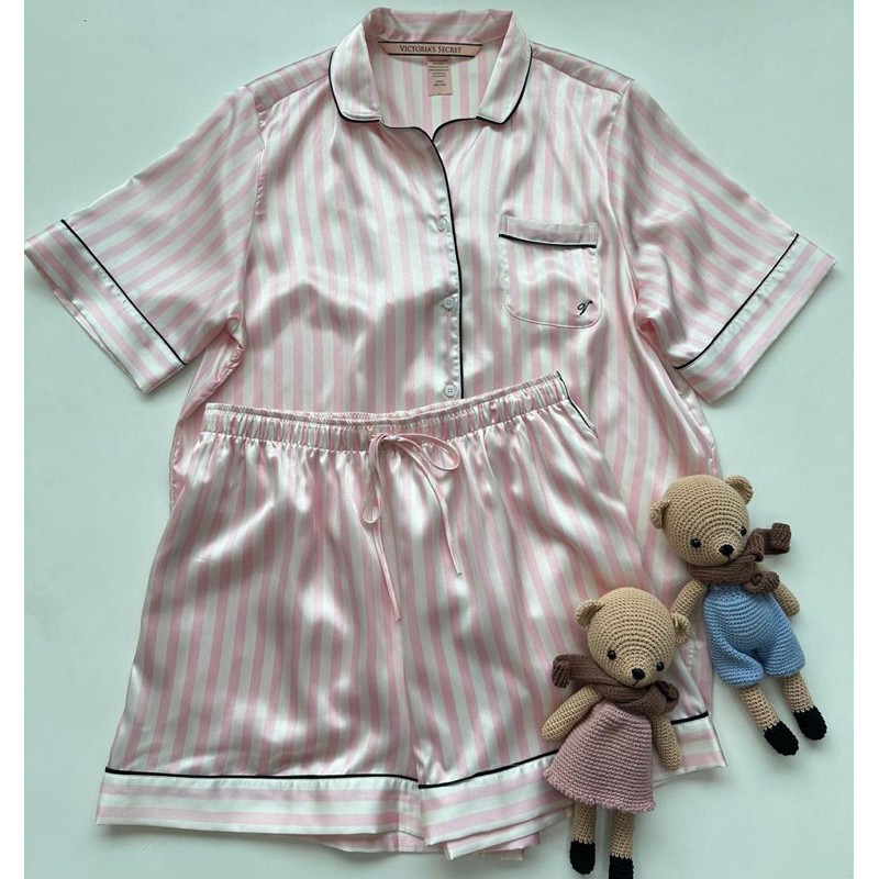 VS Pink Pajamas One Set | Piyama Satin Wanita Victoria Secret Lengan Pendek Celana Pendek 100% Origi