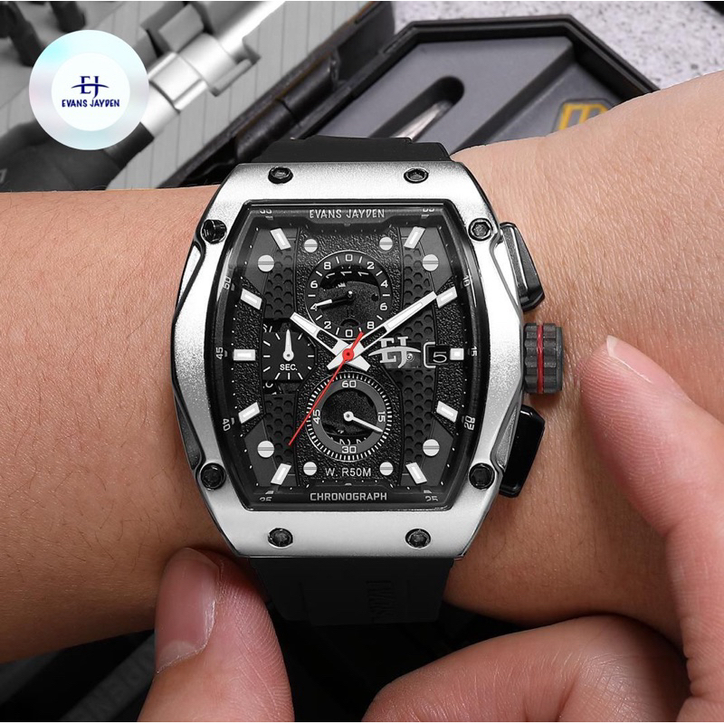 Jam Tangan Pria Evans Jayden 9556 Original Terbaru Sapphire chronograph Strap Rubber Fullset