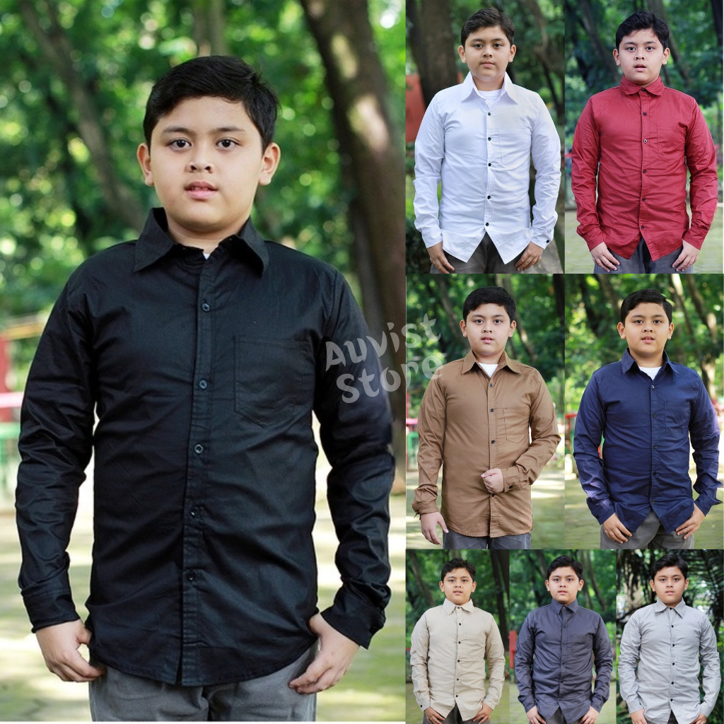 Baju Kemeja Hem Formal Anak Laki Laki Umur 8 9 10 11 12 13 Tahun Lengan Panjang Motif Polos Bahan Ka