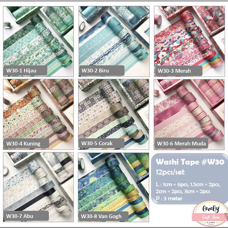 

ART C46P LovelyCraftStore W3 Washi Tape Selotip Kertas 12pcsset Vintage Retro Paper Tape Basic Tape Art Bullet Journal Decoration Tape