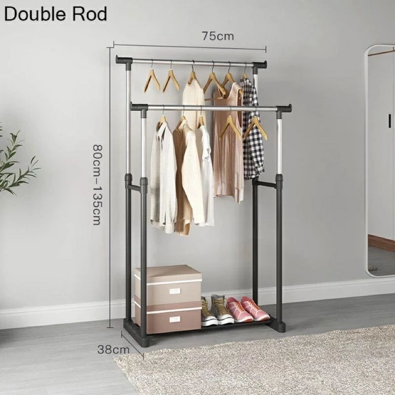 Rak Jemuran Baju Double Pole Stand Hanger Double Rak Gantungan Serbaguna Jemuran Pakaian Roda