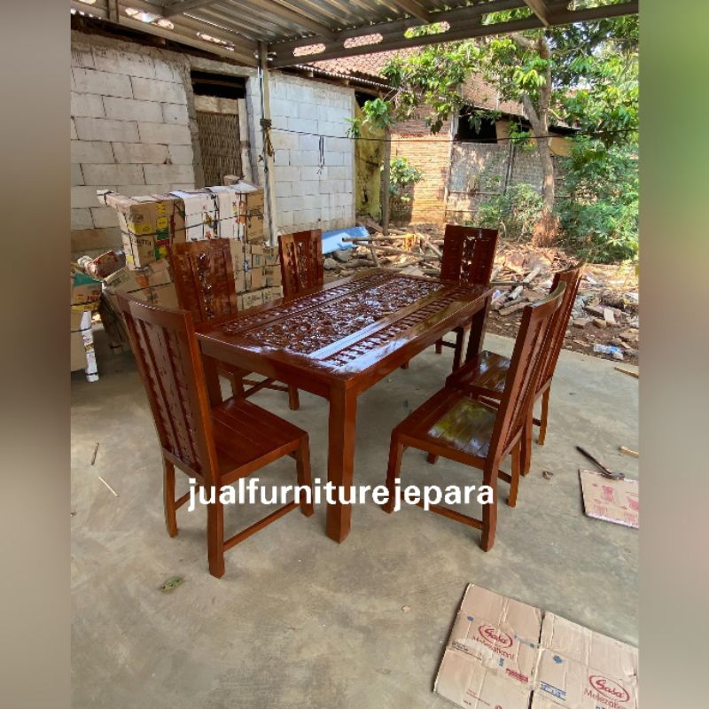 set meja makan kepang kayu jati 6 kursi, meja makan 6 kursi kayu jati jepara