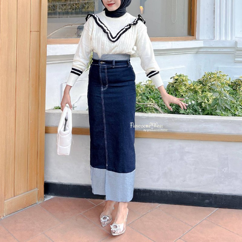 Rok Skrit Two Tone Jeans Highwaist Wanita Streach