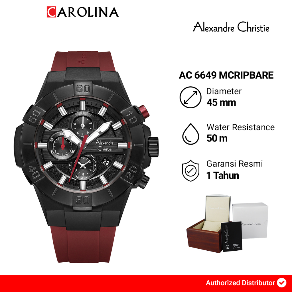 Jam Tangan Pria Alexandre Christie Chronograph AC 6649 MCRIPBARE Black Dial Red Rubber Strap