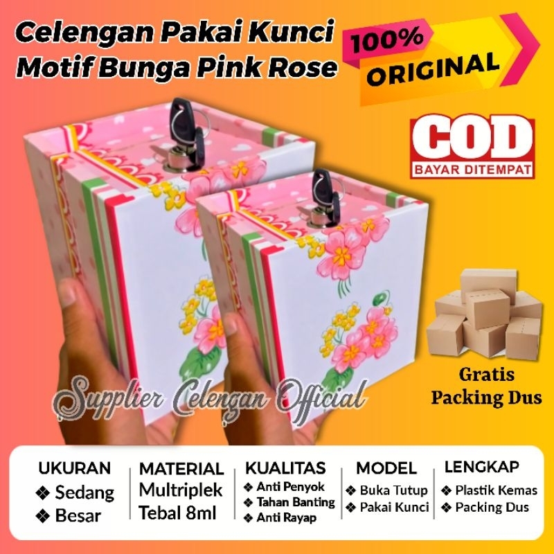 Celengan Motif Bunga Pink Rose (Pakai Kunci) - Celengan Kunci Jumbo - Celengan Karakter Unik