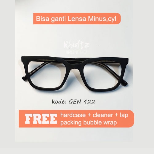 Frame kacamata kotak persegi hitam doff tebal engsel besi gagang ada tulang GEN 422