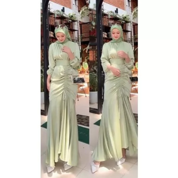 DRESS WANITA HIJAU SAGE SERUT BAHAN SILK SATIN GLOSSY / DRESS KONDANGAN WANITA VIRAL / SATIN DRESS /