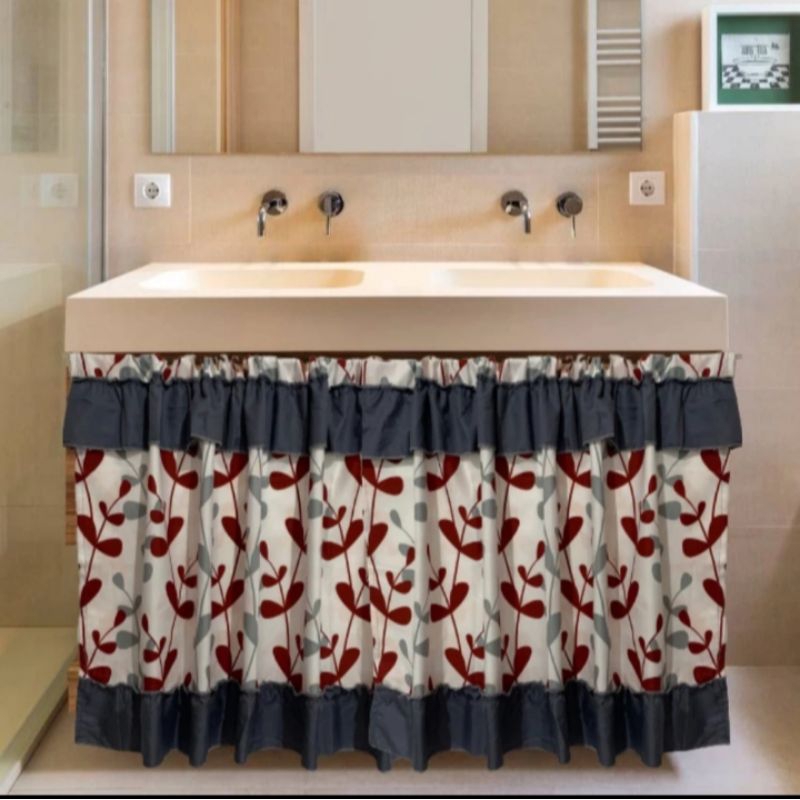 Gorden kolong dapur motif daun merah | Gorden minimali | Bisa custom size | Tirai kolong dapur