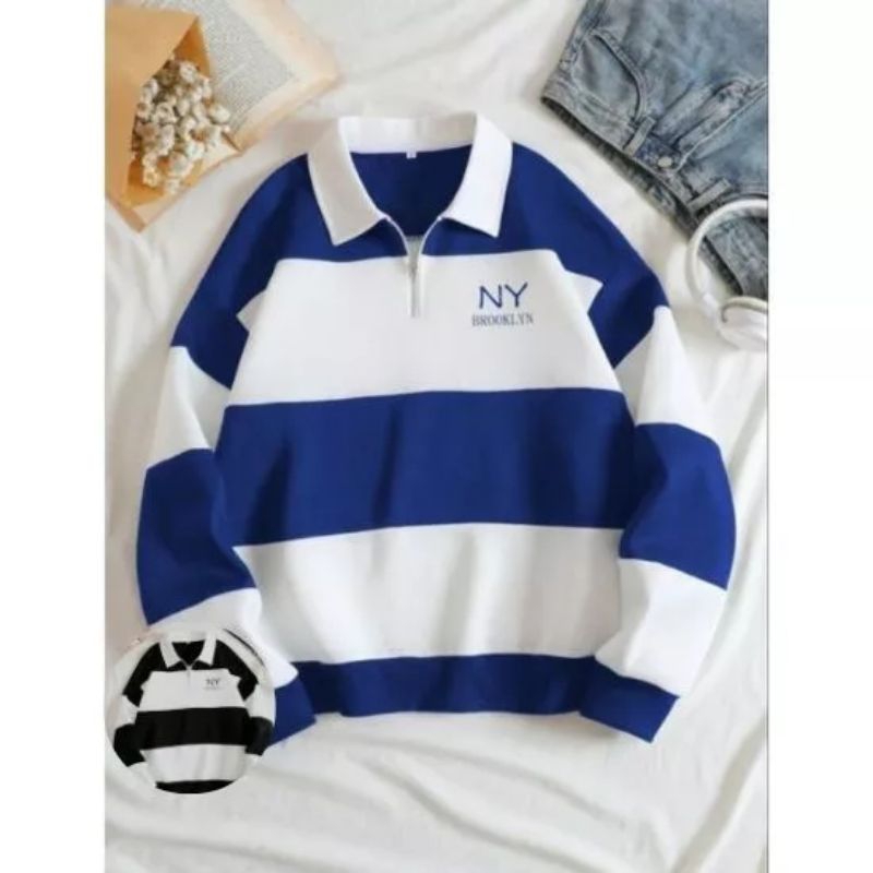 Sweater Rugby Hoodie salur sweater kerah CREWNECK NY BROOKLYN pria wanita