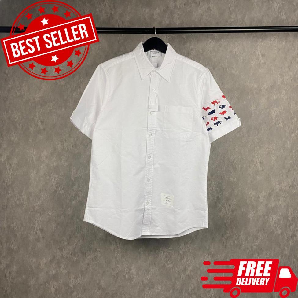 [ HIGH QUALITY ] Kemeja Thom Browne Pria Lengan Pendek New Arrival Full Tag Kemeja Polos Bahan Katun