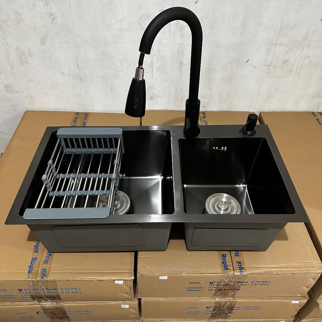Bak Cuci Piring Kitchen Sink Wastafel 2 Lubang Hitam 75 X 40 X 23 Cm