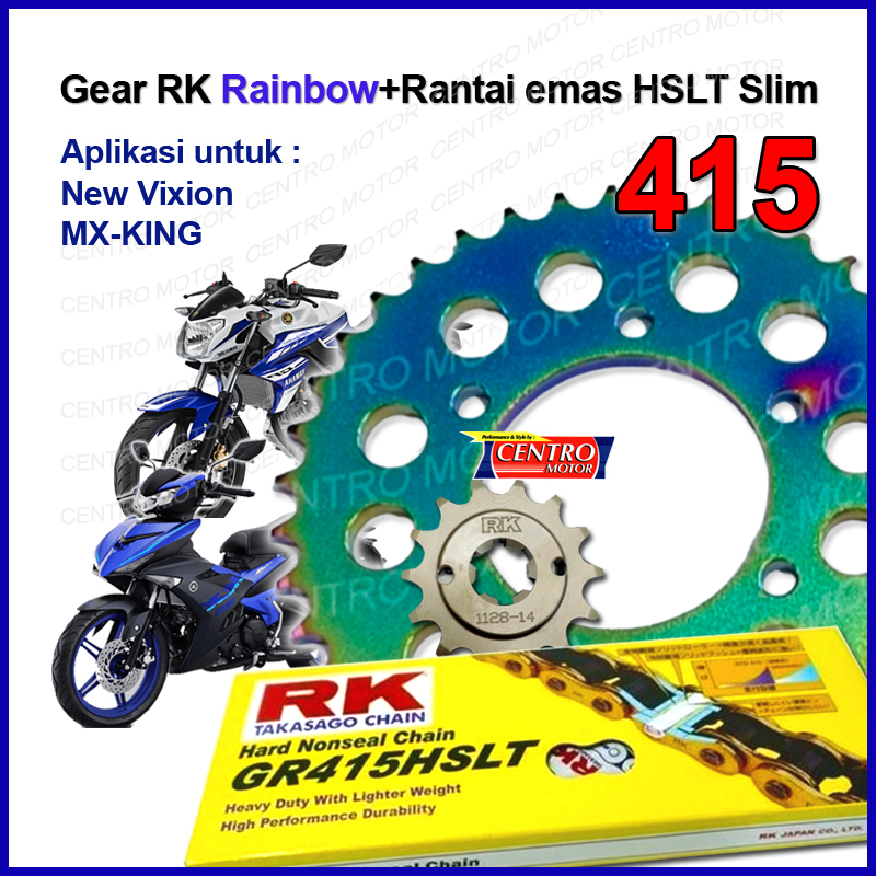 Gear set MX-KING tipe 415.Gear RK Rainbow+Rantai Emas tipe HSLT.Slim,Racing
