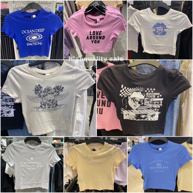 ‼️JASTIP‼️ H&M CROP TOP MOTIF/ FITTED TOP PRINTTED/ TSHIRT WANITA BEST SELLER ORIGINAL STORE