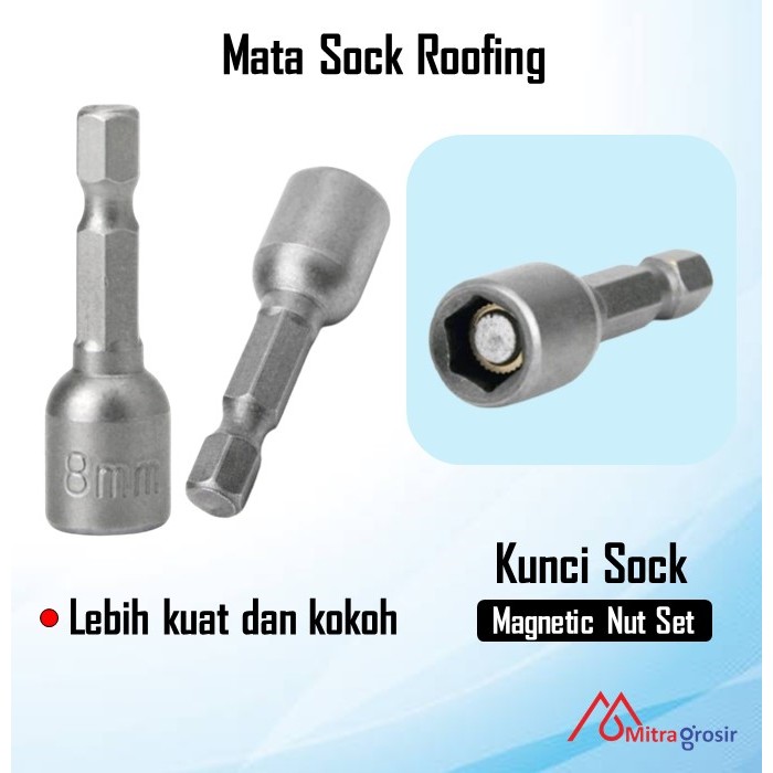 Mata Sock Bor Roofing Magnetic Hex Nut / Kunci Sock Roofing Baut Drilling Baja Ringan 8 MM