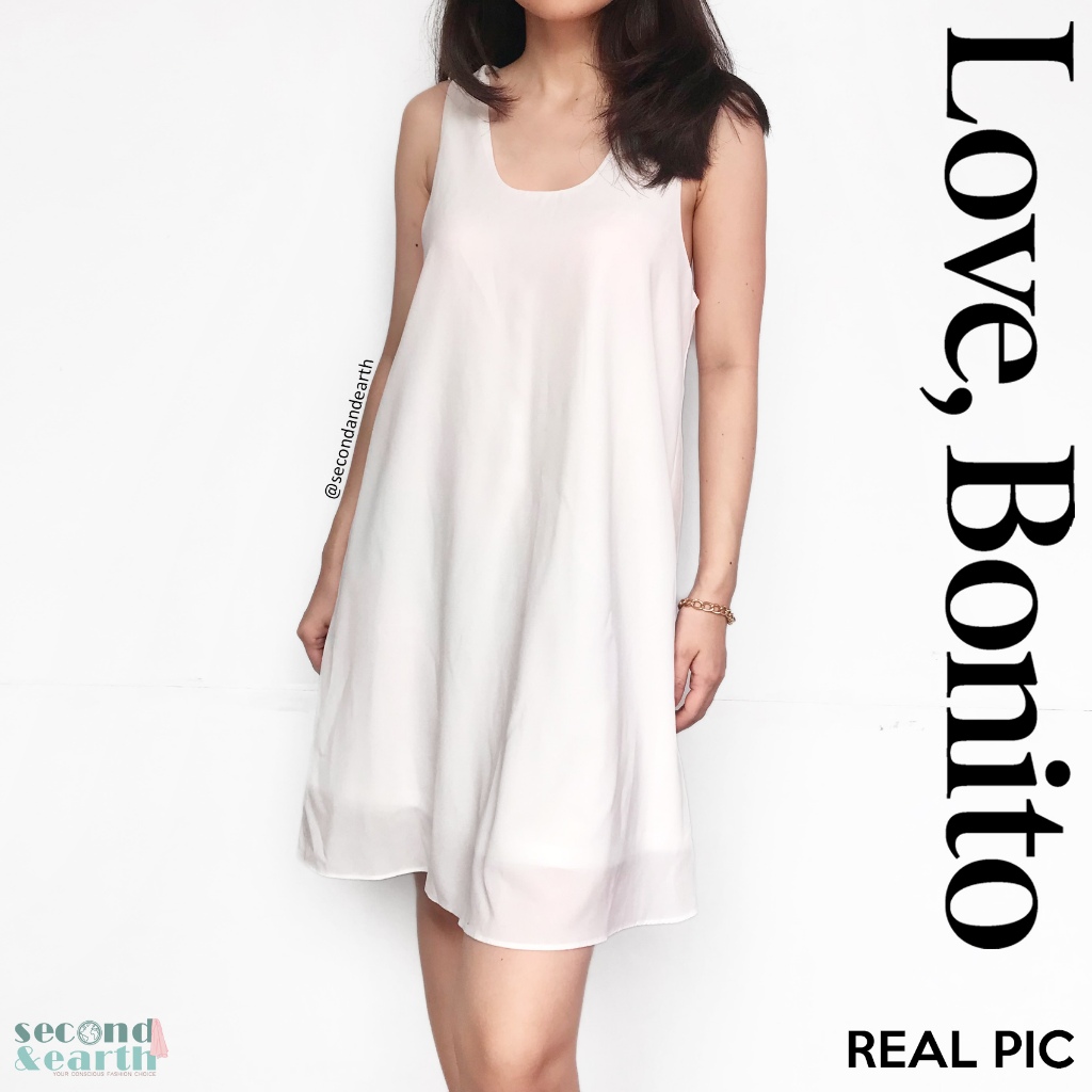 Love Bonito Mini Dress (XS-S) Terusan Pendek Tanpa Lengan Sifon Putih Tulang Polos Sleeveless Mini D