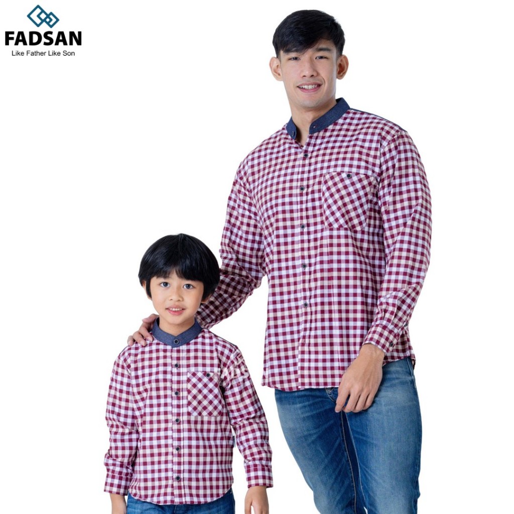 Baju Kemeja Koko couple Ayah Anak Laki Laki Motif Kotak-Kotak Kombinasi Denim Retro Series Fadsan