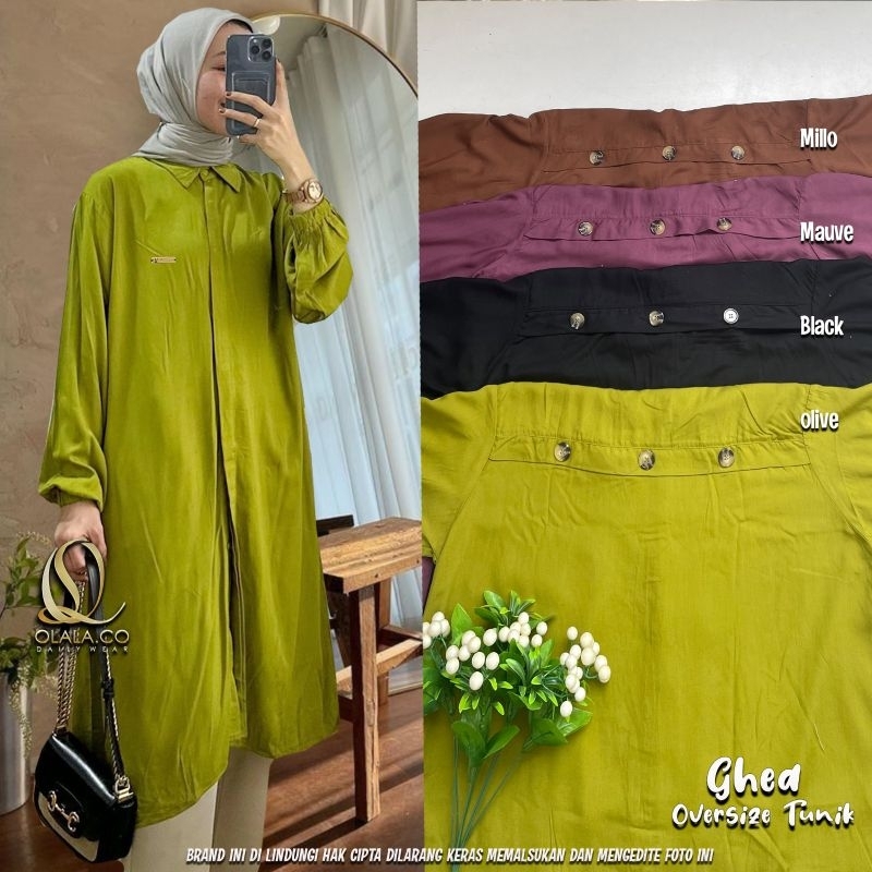 Ghea Long Tunik Oversize Jumbo Polos Lime Katun Rayon Viscose Busui Kancing Aktif By Olala