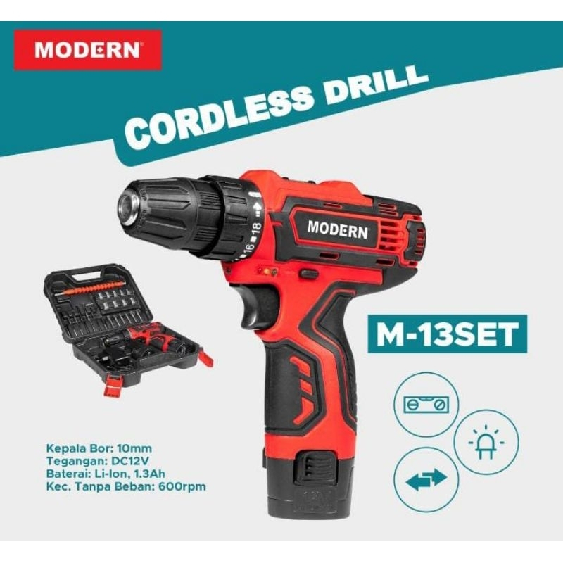 MESIN BOR CASH CORDLESS MODERN 10MM M13 SET + Mata M-13 SET BATERAI BATERE