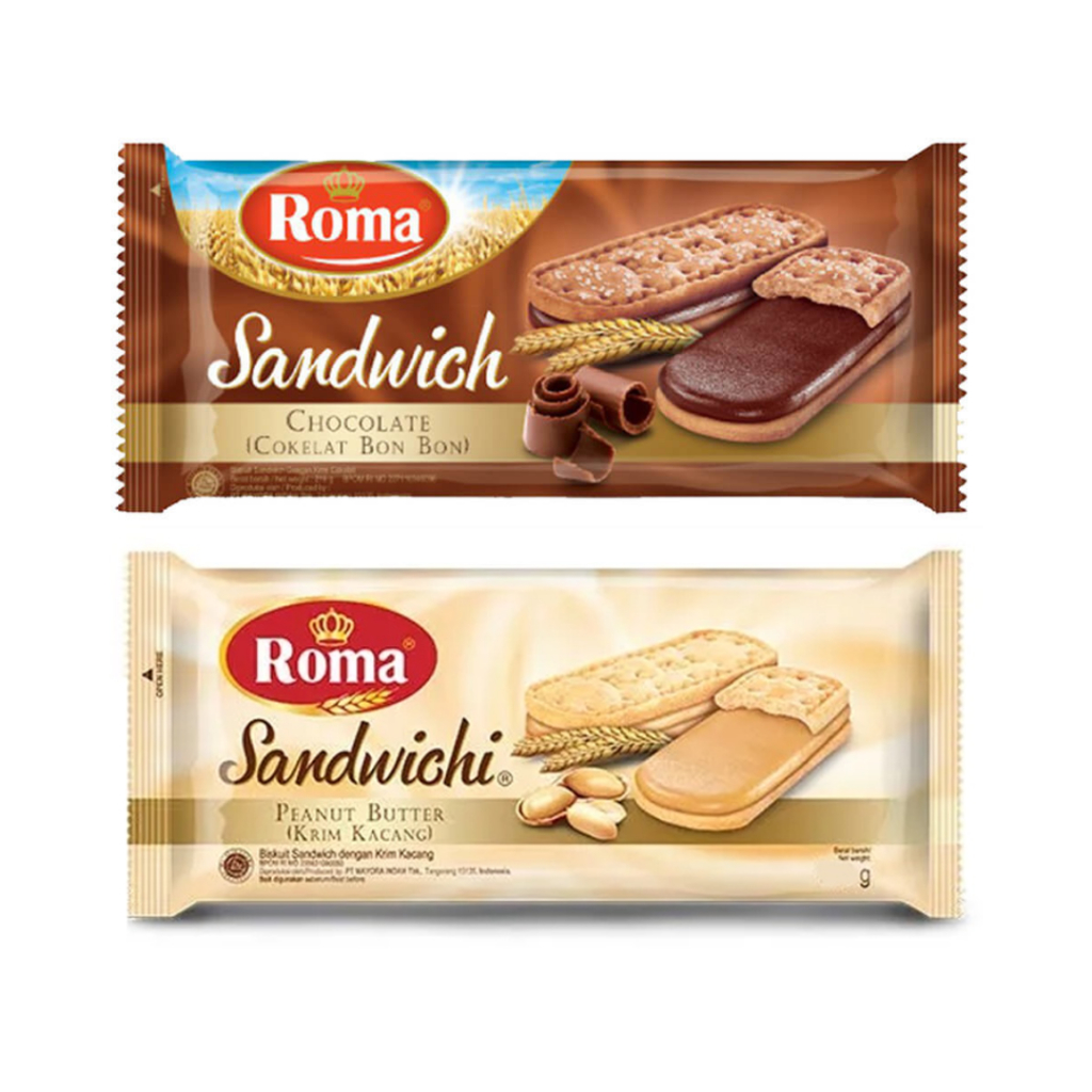 

ROMA SANDWICHI KRIM COKELAT/PEANUT 157 G BISKUIT ROMA ROTI KACANG