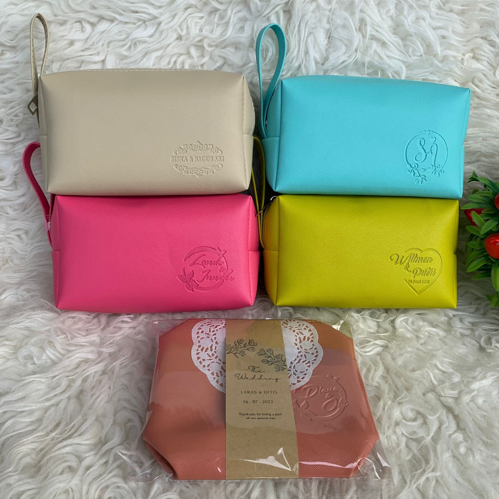 Souvenir Pouch Sweet Box Zipper Custom Emboss Unik Pesta Pernikahan Dompet Kosmetik Make Up