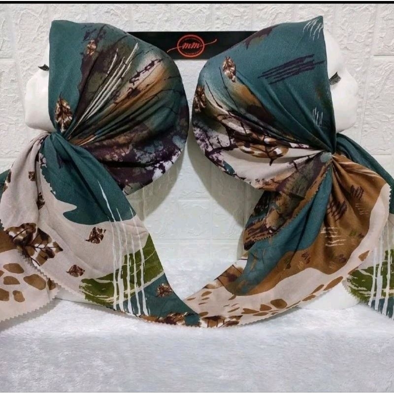 Hijab segi empat motif daun kering warna hijau toska kerudung denay premium