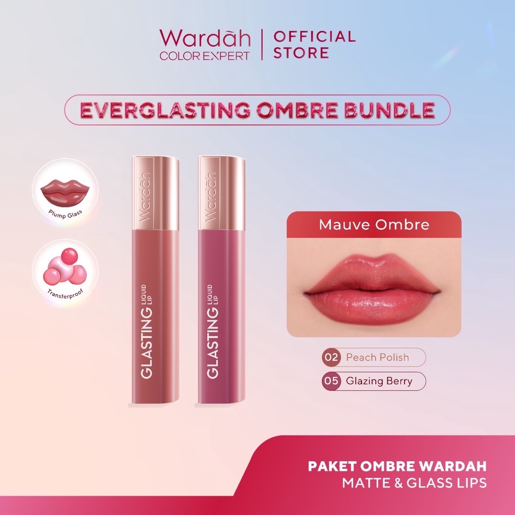 WARDAH Glasting Liquid Lip Mauve Ombre Package Indonesia / Paket 02 Peach Polish + 05 Glazing Berry 