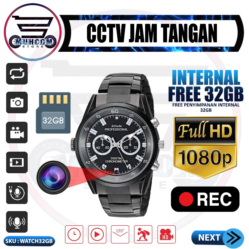 Muhcom Kamera Pengintai Spy Jam Tangan Camera Pengintai Smartwatch 1080P Night Vision 8GB WATCHCS8GB
