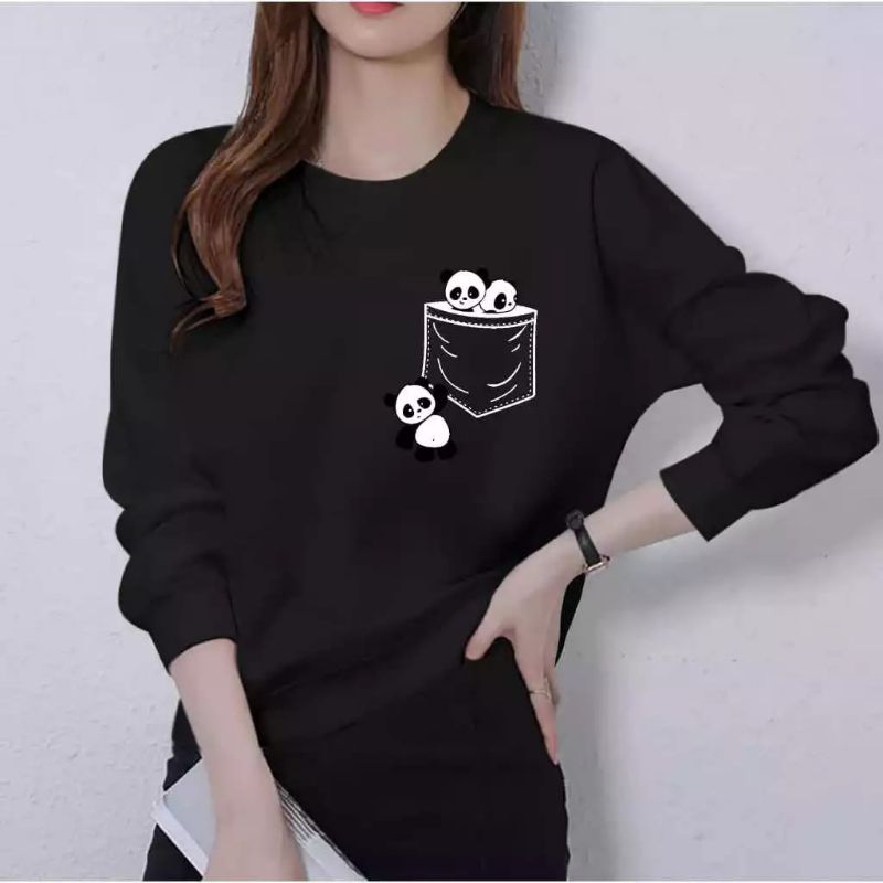 KAOS WANITA DEWASA LENGAN PANJANG/BAJU KAOS LENGAN PANJANG MOTIF SAKU PANDA/BAJU KAOS CANTIK LENGAN 