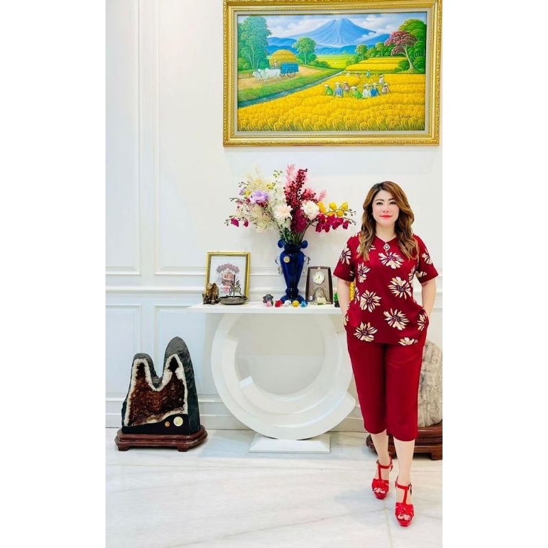 Setelan Rayon Twill Maron Motif Bunga