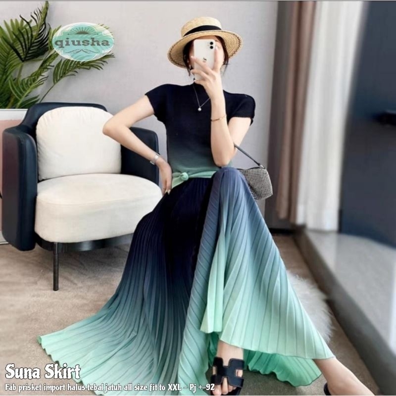SUNA SKIRT ROK PLISKET PLEATED SKIRT GRADASI PELANGI OMBRE ORI BKK BANGKOK IMPORT