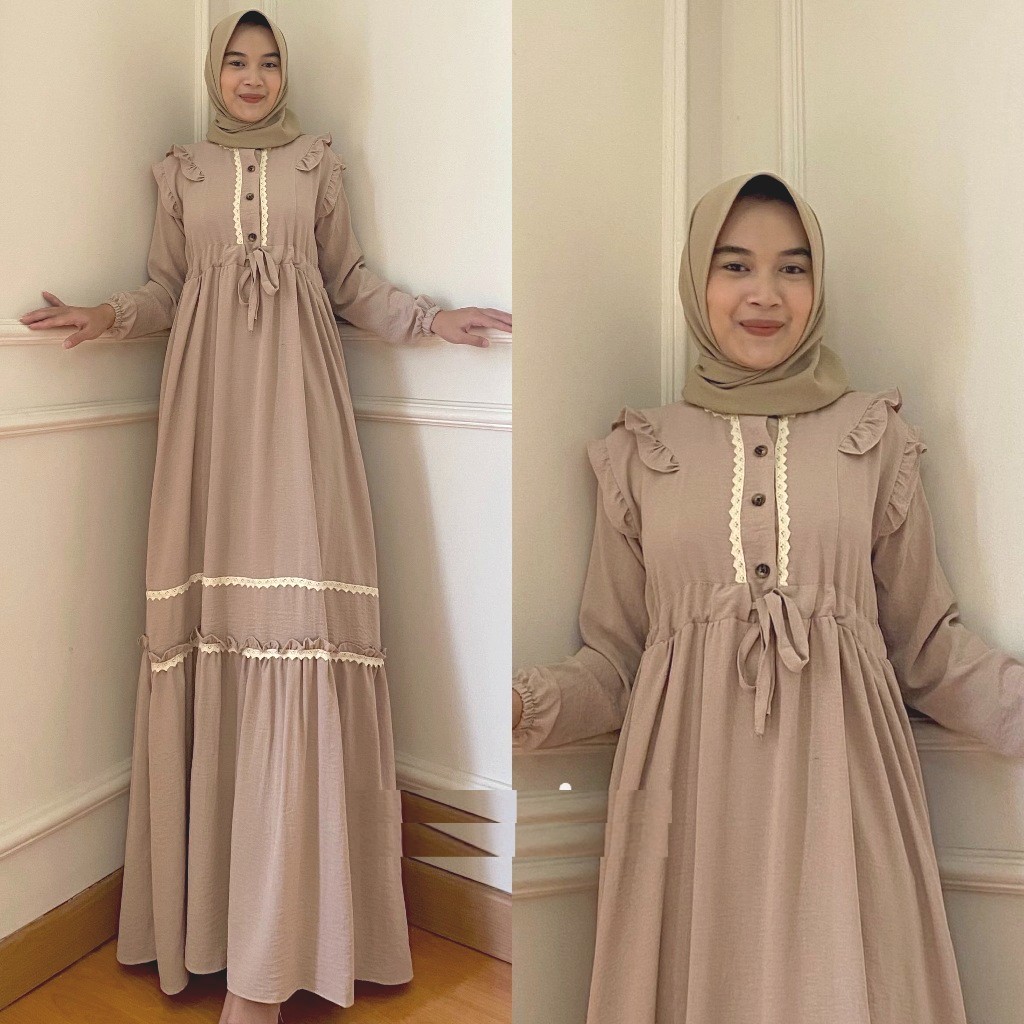 Dres Premium Gamis Fitri Lebaran Cantik Krem Cream Jumbo Terbaru 2024 2XL 3XL 4XL XXL XXXL 5L LD 120