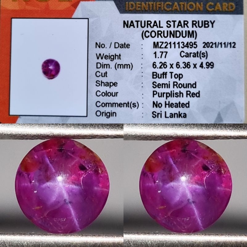 Natural Star Ruby No heated Srilnka 1,77 cret KGL lab