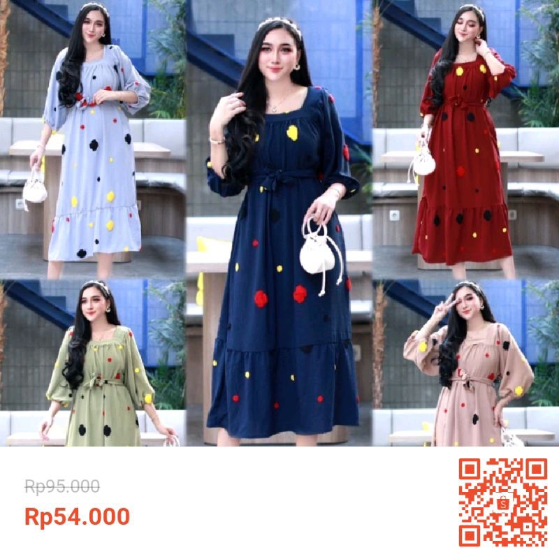 Daster Ruffle Starla Dres Pompom Bahan Crinkle Airflow Pompom Motif