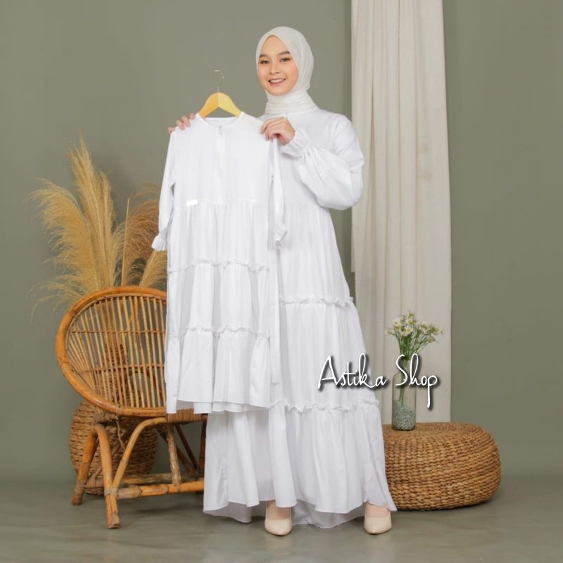 Baju Gamis Couple Lebaran Ibu dan Anak Warna Putih/ Couple Dress Susun Cantik Mom & Kids/ Anak Usia 