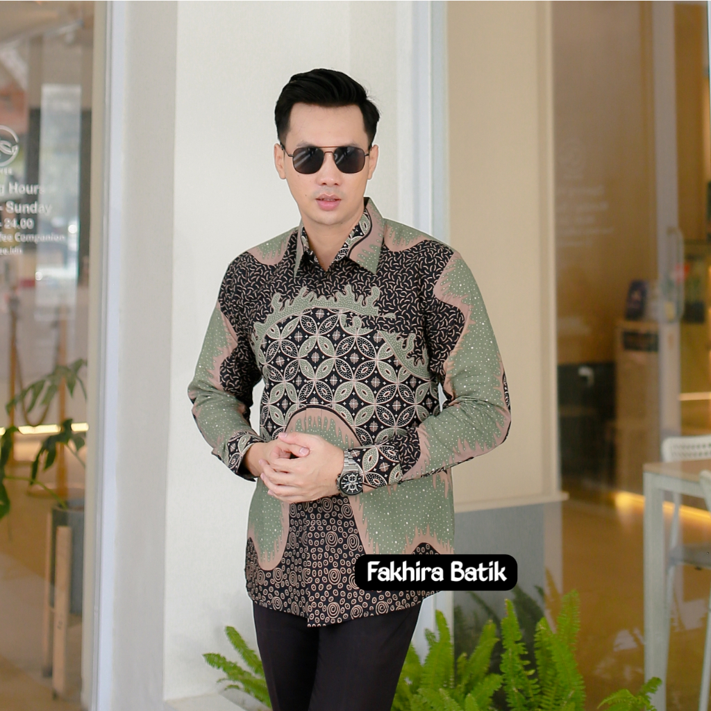 SAGE GREEN  Kemeja batik pria lengan panjang slimfit lapis furing premium modern