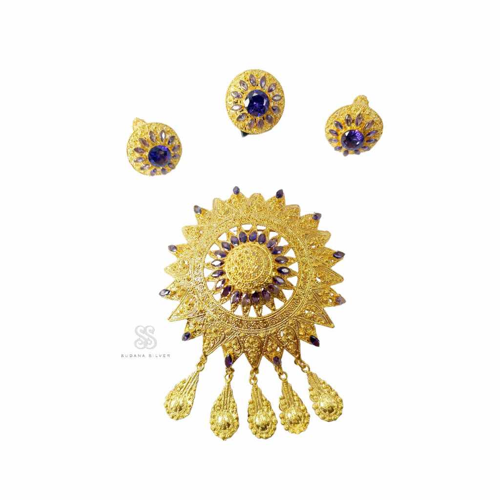 Set Bros Kebaya Matahari Alpaka Bali Gold Plated Warna Ungu