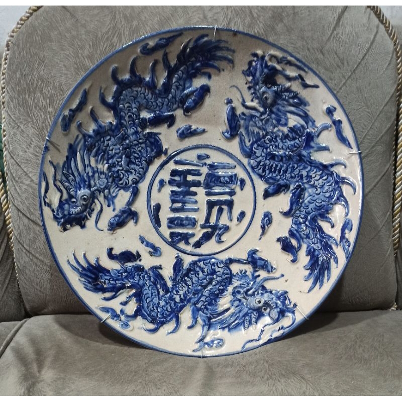 Piring Antik 3 Naga Timbul  blue white keramik lawas Pecah seribu 39cm